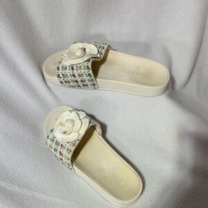 CHANEL Tweed Slides with Cream Flower Accent